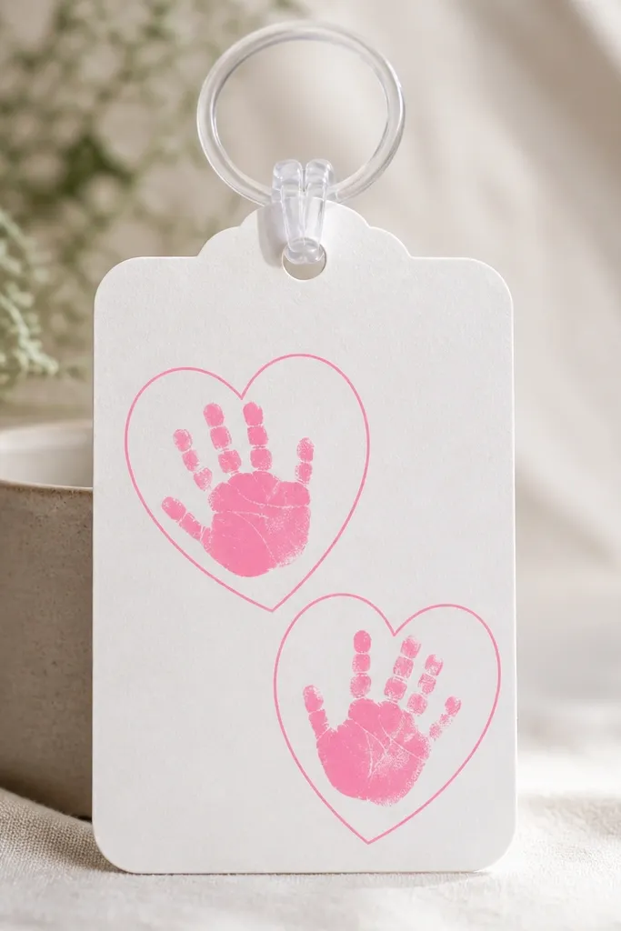 A keychain craft on a cardstock tag: toddler handprints stamped in pink ink inside small heart outlines, with a clear plastic keychain loop attached at the top.