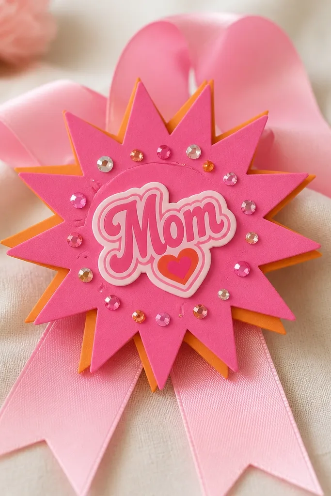 A starburst-shaped foam medallion in bright pink and orange with a “Mom” sticker in the center, surrounded by tiny rhinestone-like sticker dots and a satin ribbon backing.