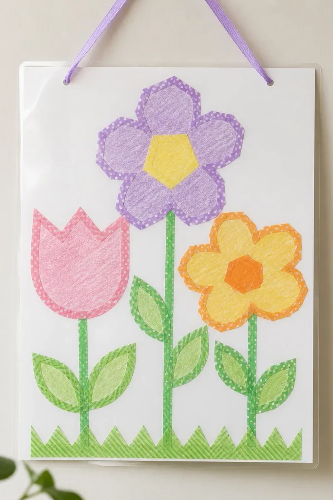 A laminated sheet with flower outlines made from washi tape, filled with crayon color inside the tape borders, and a ribbon attached at the top for hanging.