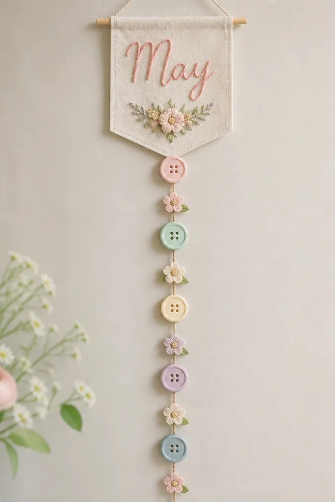 A vertical banner with “May” text at the top and a line of pastel buttons attached along string, with small flower stickers between buttons.