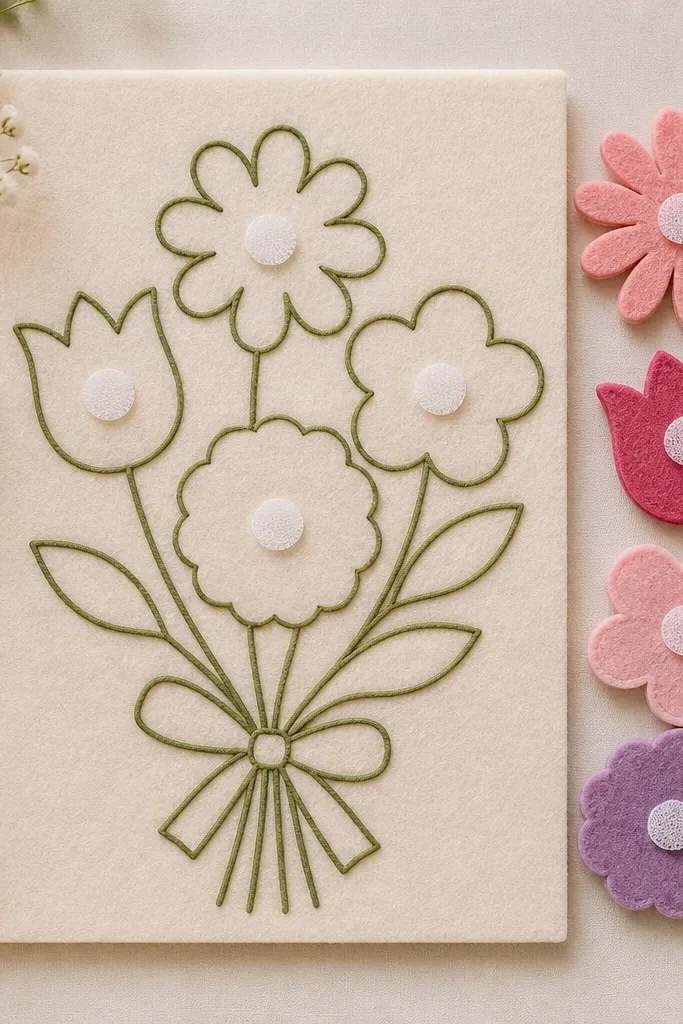 A felt-like board with a bouquet outline and separate flower pieces attached with Velcro dots, arranged neatly like a reusable puzzle on a Mother’s Day card.
