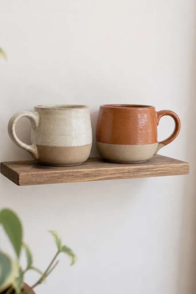 Two small mugs arranged like a mini shelf with a slim wooden board underneath, mounted on a wall using Command strips.