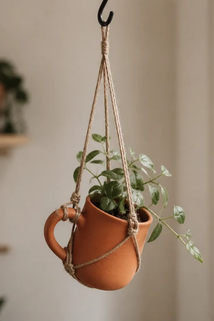 A terracotta mug with a small plant inside, suspended from a ceiling hook by twine, with a simple macrame-style wrap around the handle.