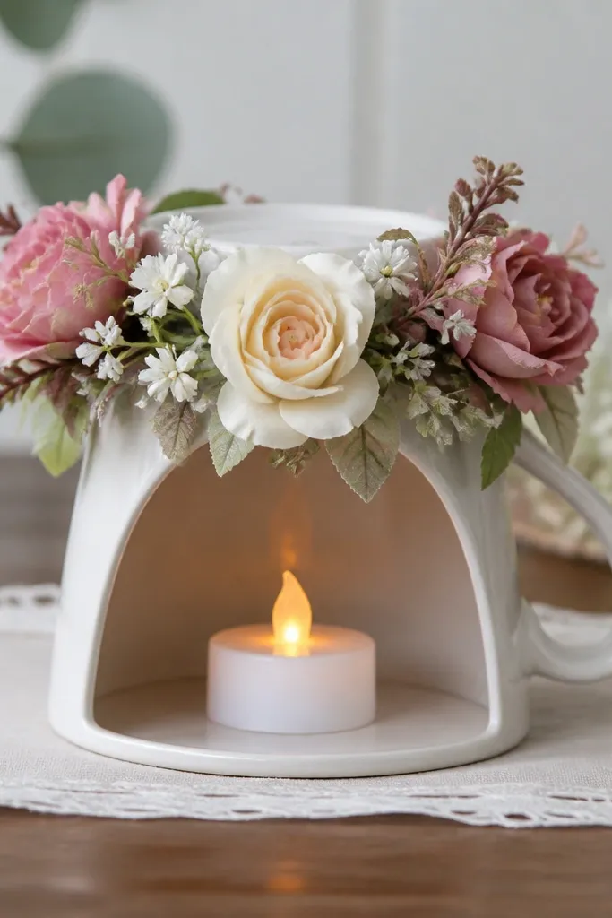 A mug turned upside down with a ring of faux flowers around the rim and a battery LED tealight centered inside.