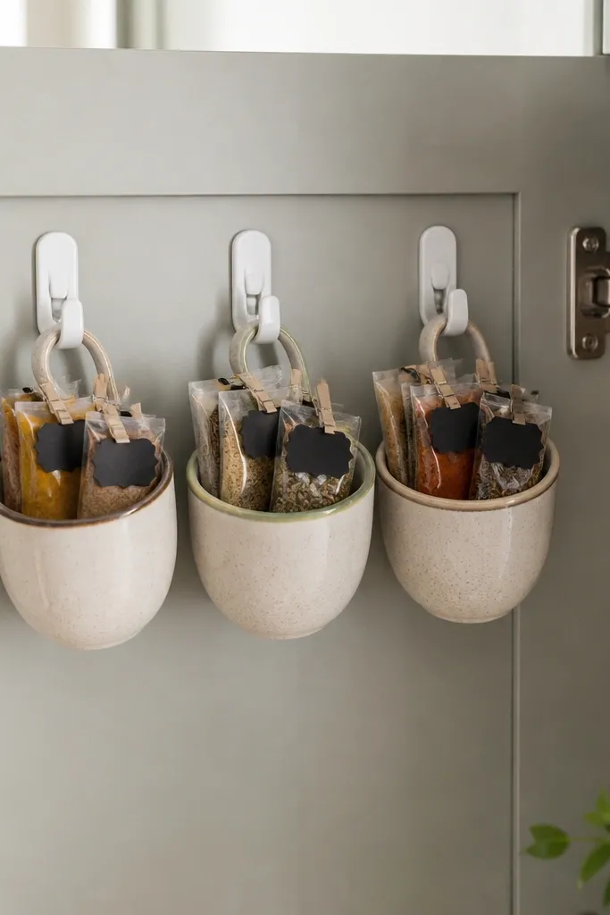 Three small mugs hanging from removable hooks on a cabinet door, each mug holding labeled spice packets with mini chalkboard tags.