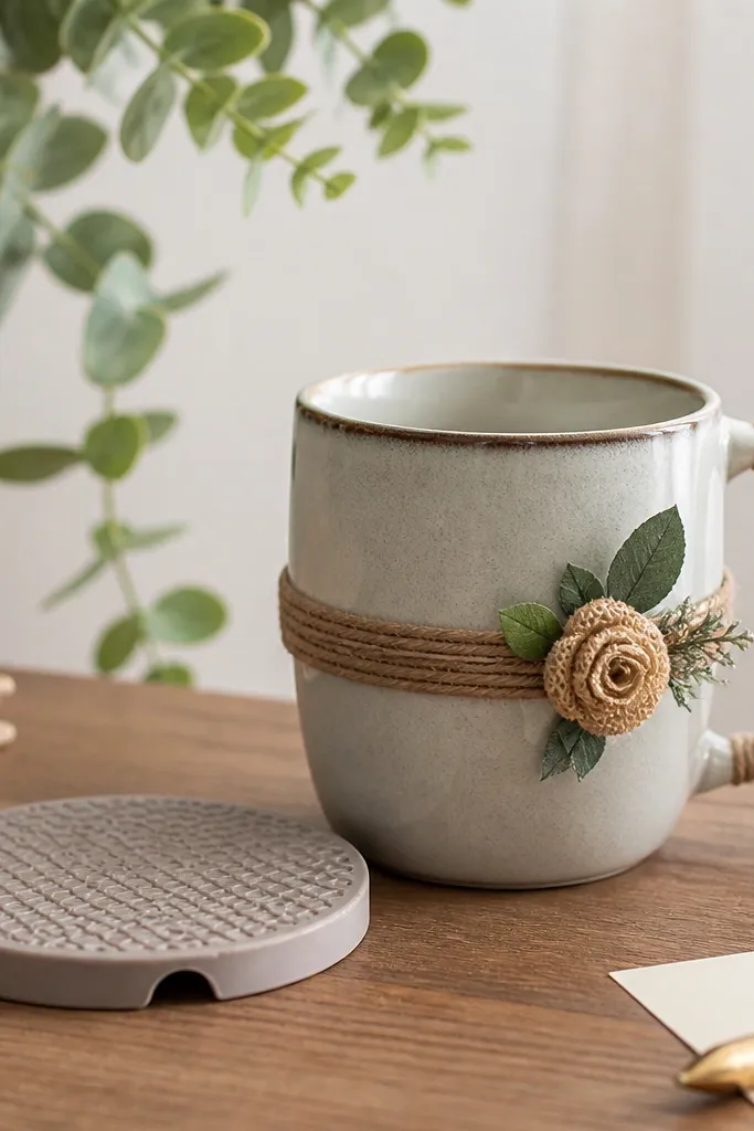 A decorated mug sitting on a desk beside a removable silicone pad, with twine-wrapped accents and a small faux flower on the side.