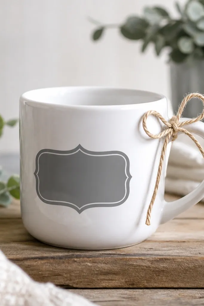 A mug decorated with a removable vinyl decal reading a name, plus a twine bow tied around the handle.