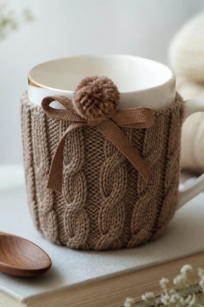 A mug with a knitted fabric sleeve covering the chipped area, topped with a small pom-pom and ribbon tied under the rim.