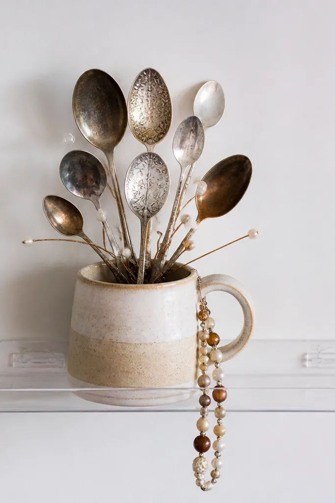 A mug attached to a clear Command picture ledge with a spoon art piece inside, plus small beads hanging from the mug handle.