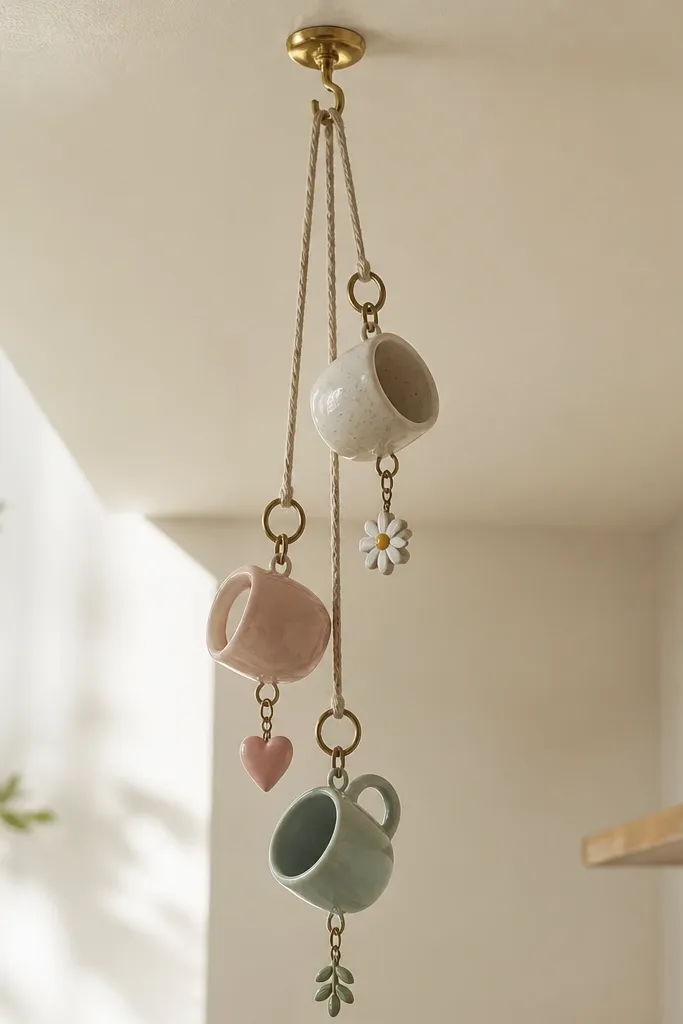 Three mini mugs suspended at different heights from a removable ceiling hook, with metal rings and short strings holding small charms.