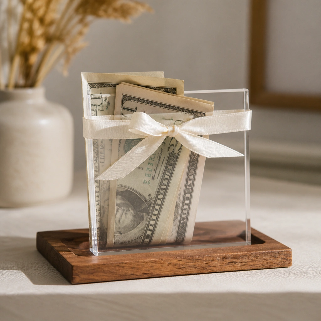 A rectangular clear acrylic sheet shaped into a small front-facing sleeve, mounted on a wooden tray, with folded bills sliding into the sleeve and a ribbon tied around the top edge.