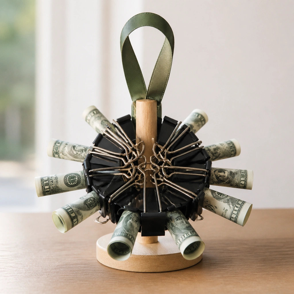 A cluster of large black binder clips arranged in a fan shape around a central dowel, with a looped ribbon handle and rolled bills clipped at the edges.