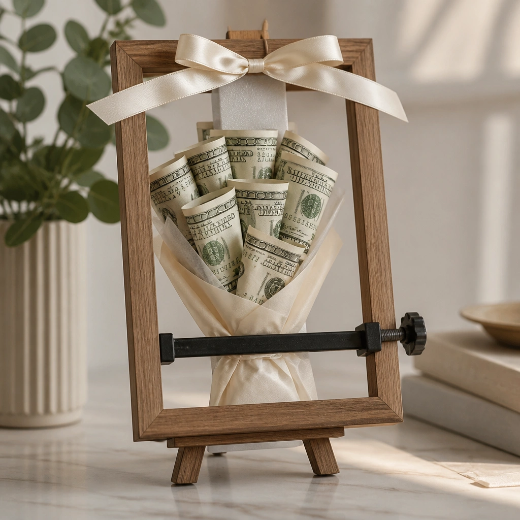 A small tabletop picture frame easel holding a bouquet of rolled bills, with a clamp securing a vertical foam strip inside the frame’s opening, plus a satin ribbon across the top.
