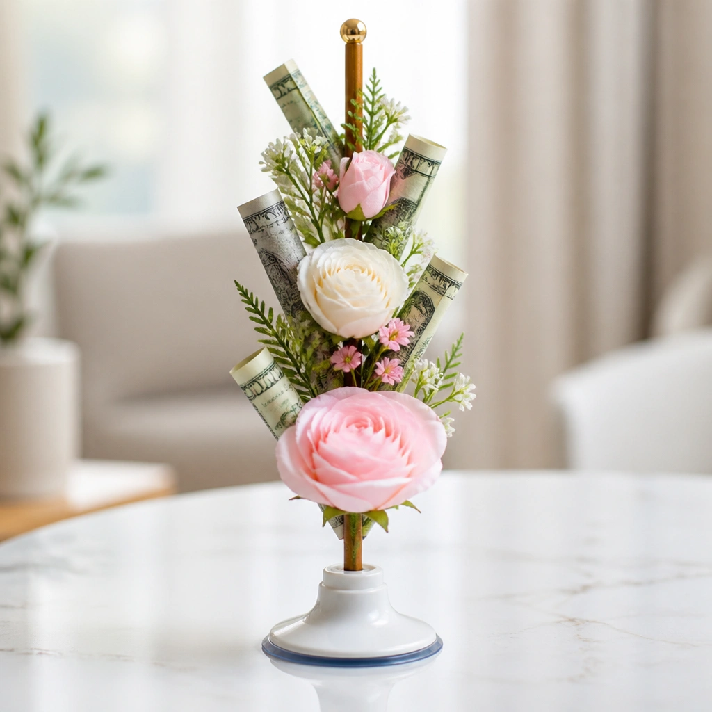 A small suction-cup base on a glossy tabletop holding a vertical floral stand, with rolled bills and silk flowers arranged around the center.