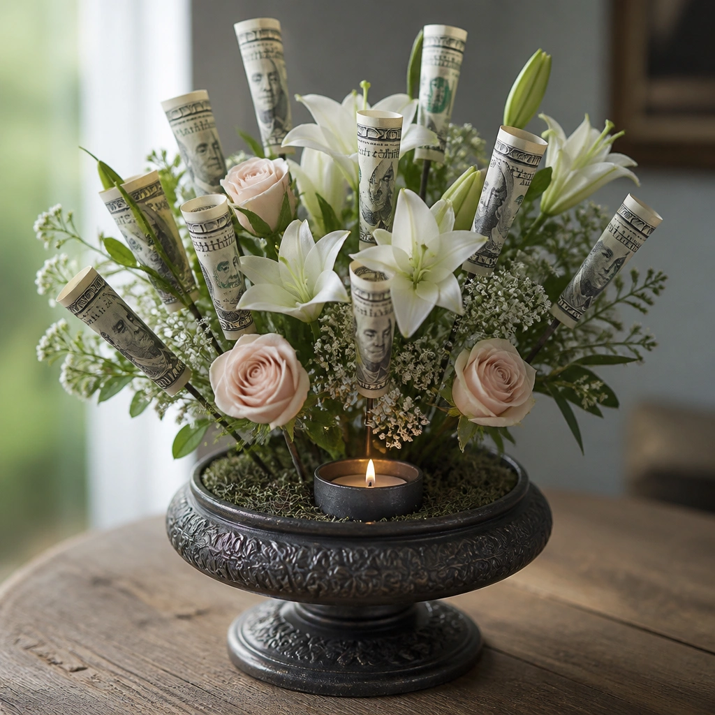 A heavy metal candle holder with a central candle well, filled with decorative filler and a bouquet inserted upright, with bills wrapped around thin floral picks.