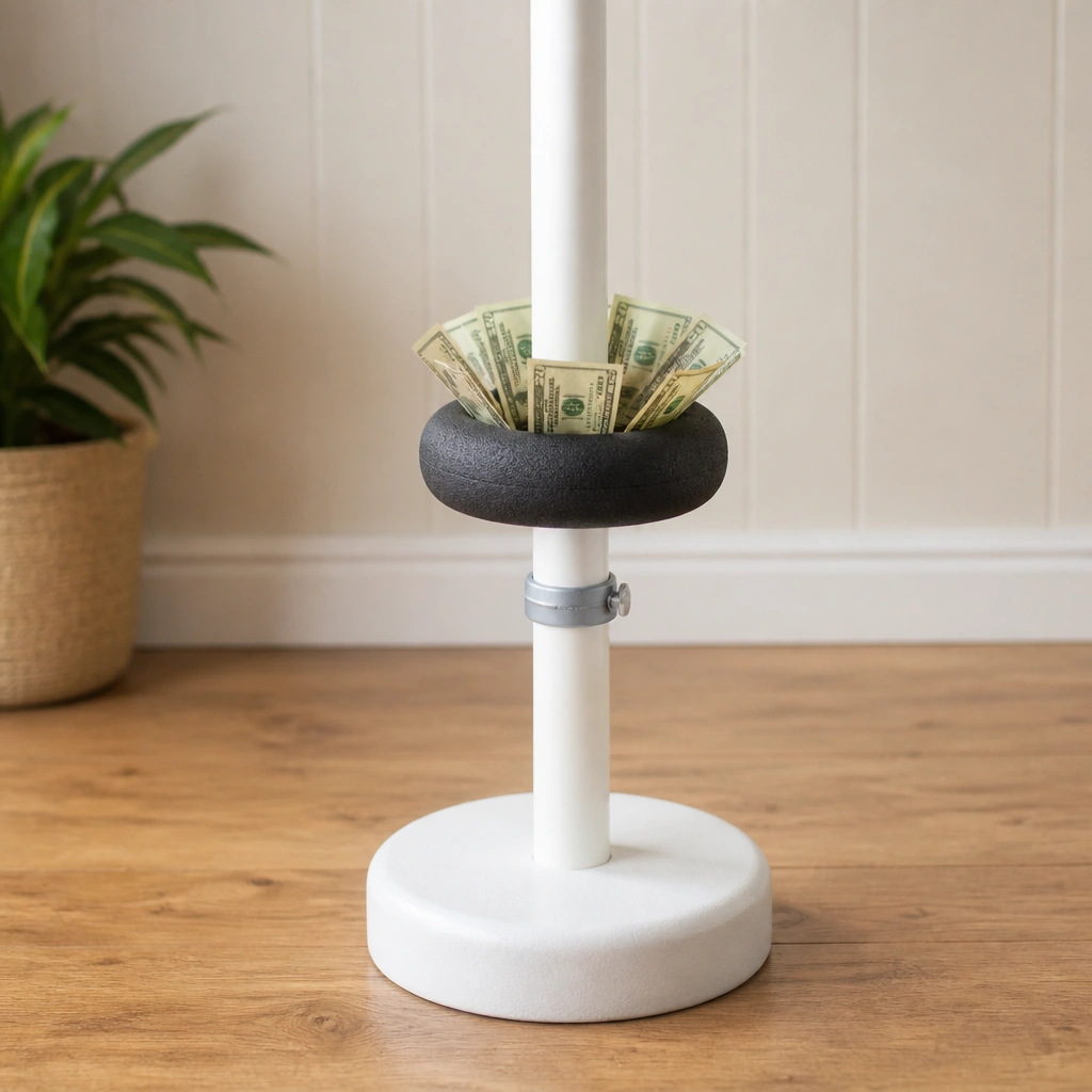 A white PVC vertical pipe inserted into a weighted base, with a clamp ring holding a foam ring, and money bills tucked into the ring around the pipe.