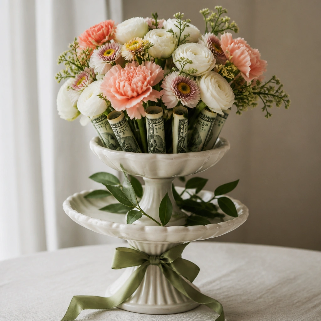 A tiered cake stand repurposed as a bouquet holder, with a removable foam insert on the top tier, rolled bills tucked into the foam, and a ribbon around the base.
