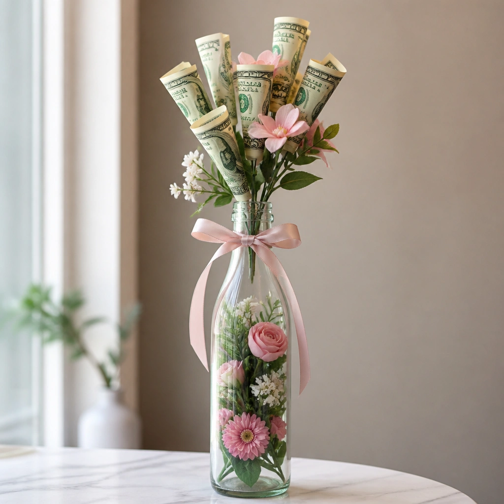 A clear wine bottle with a ribbon tied around the neck, holding a small bouquet of rolled bills on thin floral wires and faux flowers arranged inside.