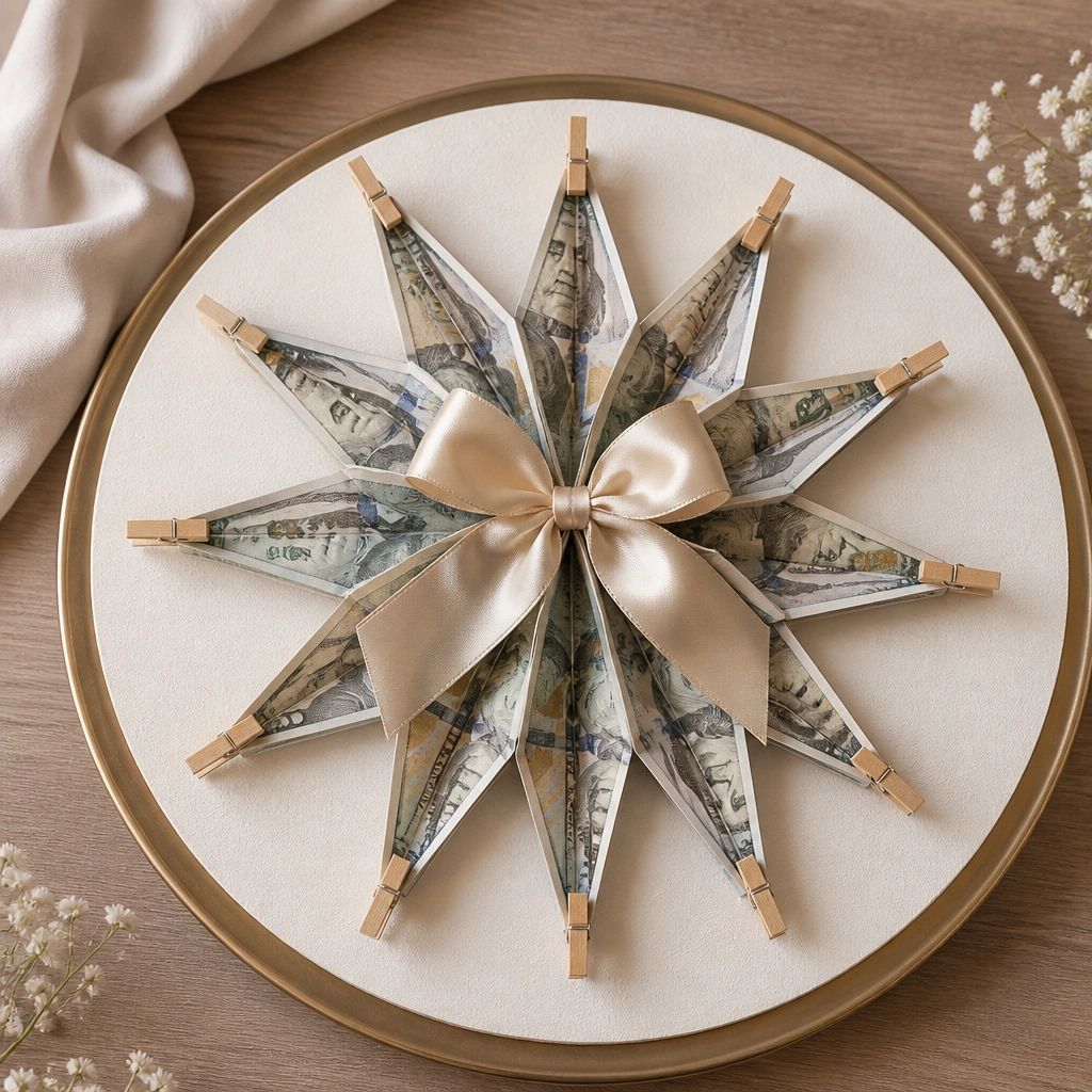 A star-shaped arrangement made from folded bills, pinned with small clothespins to a foam board on a round tray, with a satin bow at the center.