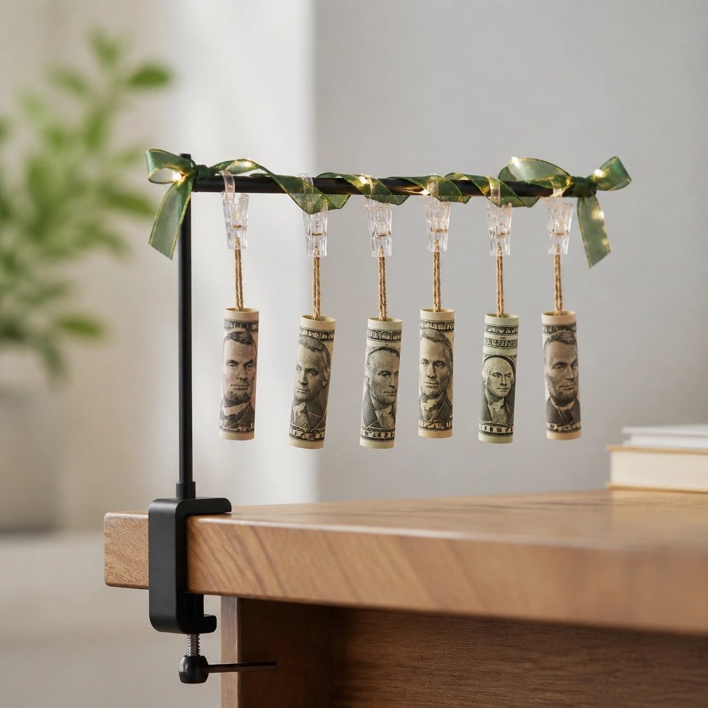 A desk clamp holding a small horizontal bar, with clear mini clips hanging rolled bills like ornaments and a ribbon garland across the bar.