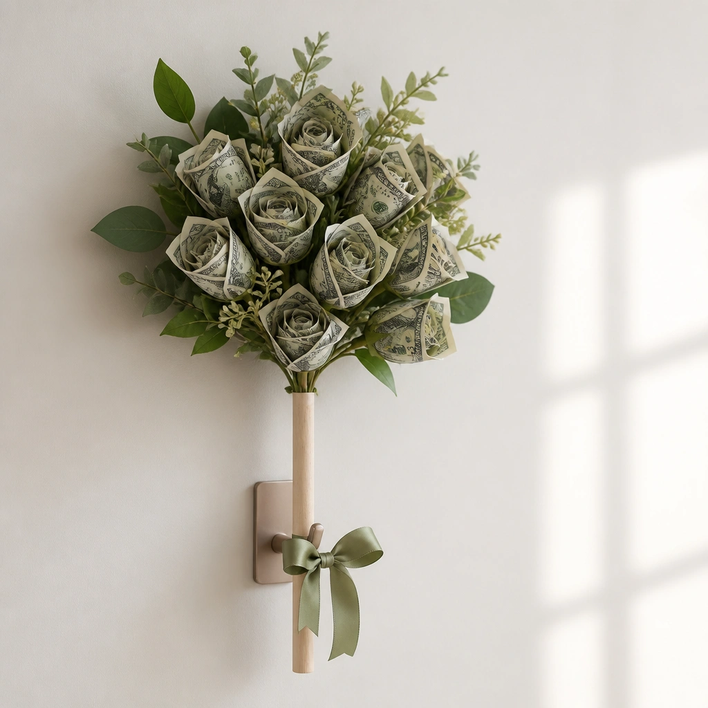 A removable wall hook holding a vertical wooden dowel with a bouquet at the top, with bills wrapped around wire stems and a ribbon tied at the dowel base.