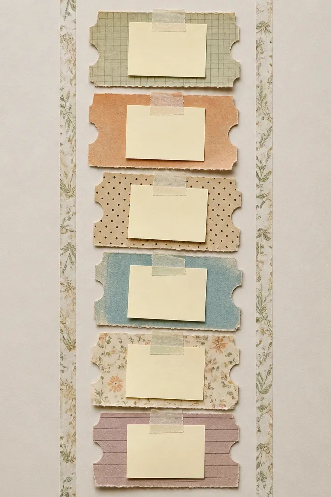 A vertical strip of torn “ticket” shapes made from scrapbook paper taped down the center. Each ticket has a short caption on a small pale sticky note, and a thin washi tape border frames the strip on both sides.