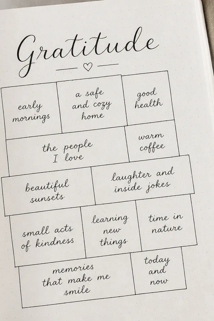 A grid made of small squares in different sizes, like Tetris blocks. The words “Gratitude” sit at the top, and each block contains one short phrase written in neat cursive. A thin pencil outline is visible beneath the ink.