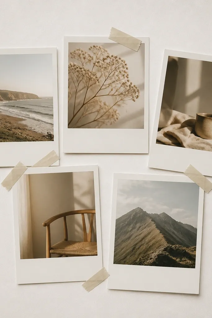 Five faux Polaroid frames arranged in a staggered cluster on the page. Each frame has a printed photo (or printed texture), a white caption strip at the bottom, and a “tape” effect made with matte washi tape at the corners.