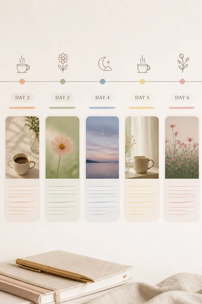 A left-to-right timeline across the page with seven vertical date labels. Each day has a different pastel underline and a small icon (moon, coffee cup, flower). Short paragraphs sit in rounded boxes under each day.