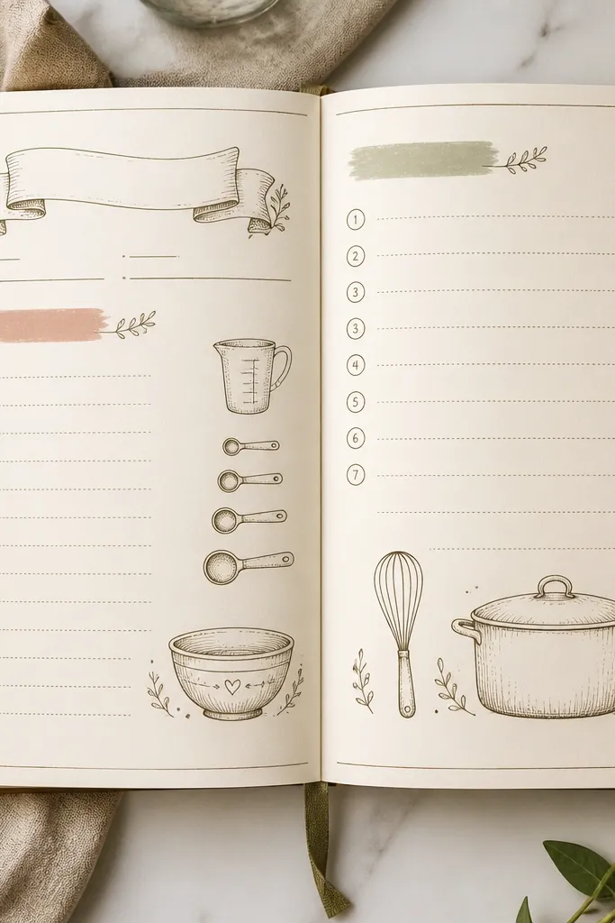 A journal page styled like a recipe card: “Ingredients” section on the left, “Method” section on the right, and a title at the top. The text is written in varied sizes, with small doodles of spoons and measuring lines.
