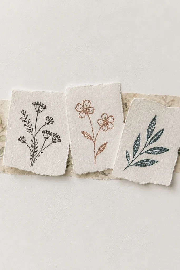 A long horizontal strip across the page made from washi tape, with three stamped quote snippets layered on top. The background is light and clean, and the quotes are in different ink shades (black, muted brown, deep teal).