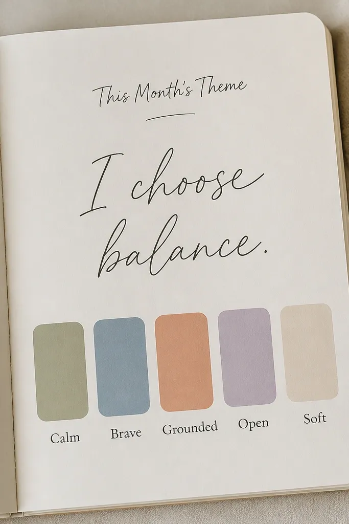 A clean monthly page with five color swatches in rounded rectangles, each labeled with a word (e.g., Calm, Brave, Soft). At the top is a handwritten title “This Month’s Theme,” and beneath it is a centered intention in larger cursive.