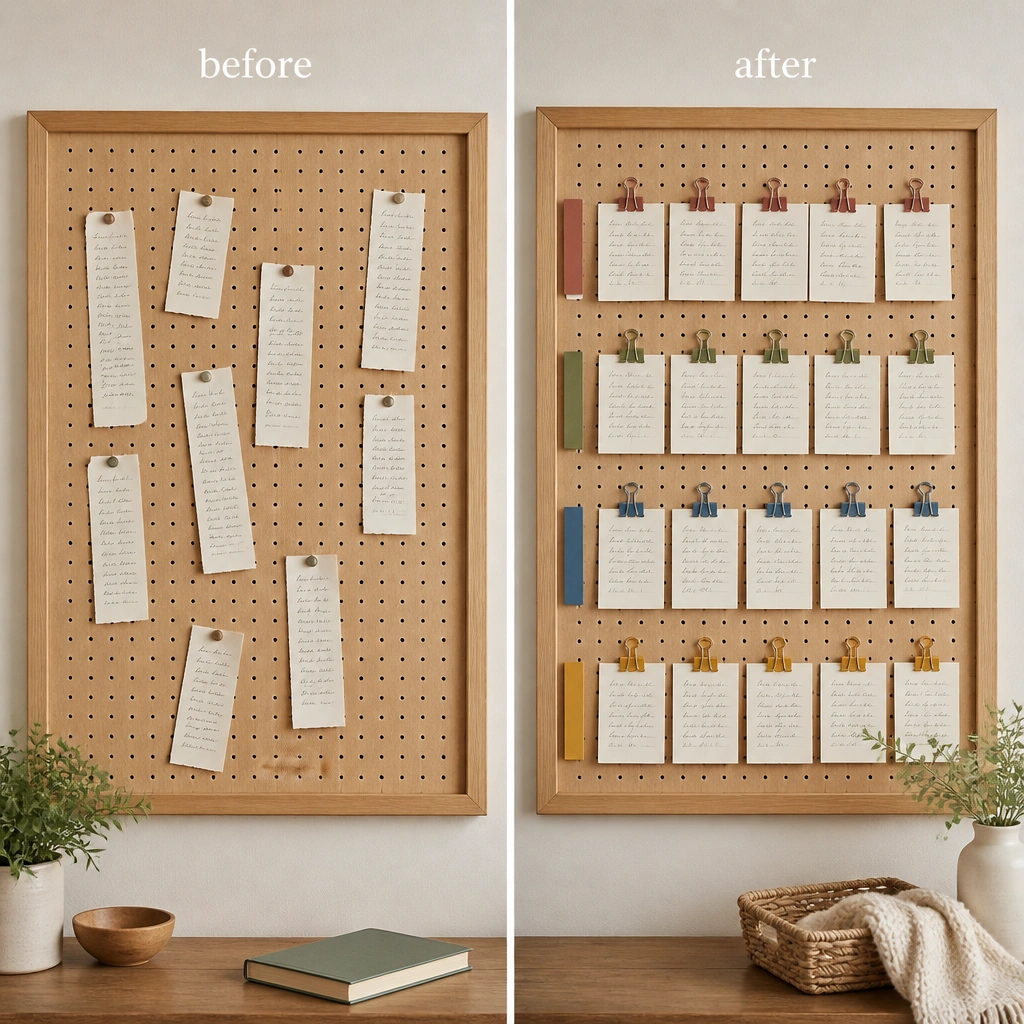 A pegboard mounted inside a simple wooden frame. Before view shows loose paper strips pinned unevenly. After view shows small binder clips holding handwritten prayer cards in rows labeled by color-coded categories.