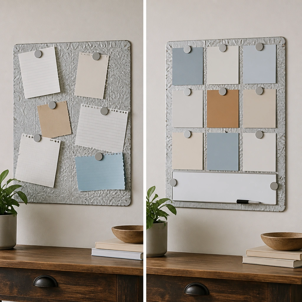 A small board on the wall covered with faux tin contact paper. Before shows magnets holding crooked scraps of paper. After shows a neat grid with thick cardstock cards attached using round magnets and a mini whiteboard strip for daily focus.