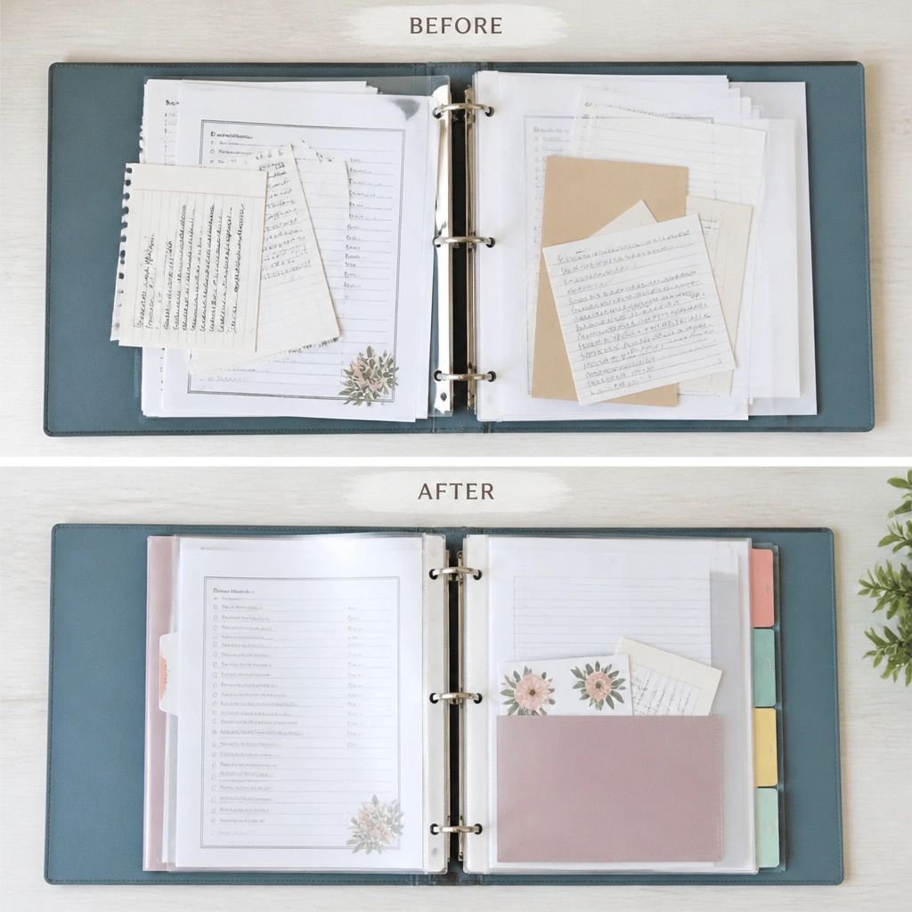 A 3-ring binder laid flat like a board. Before shows loose worksheets and prayer notes stuffed randomly. After shows clear page protectors labeled with tabs, a pocket for answered prayers, and colored paper inserts behind each tab.