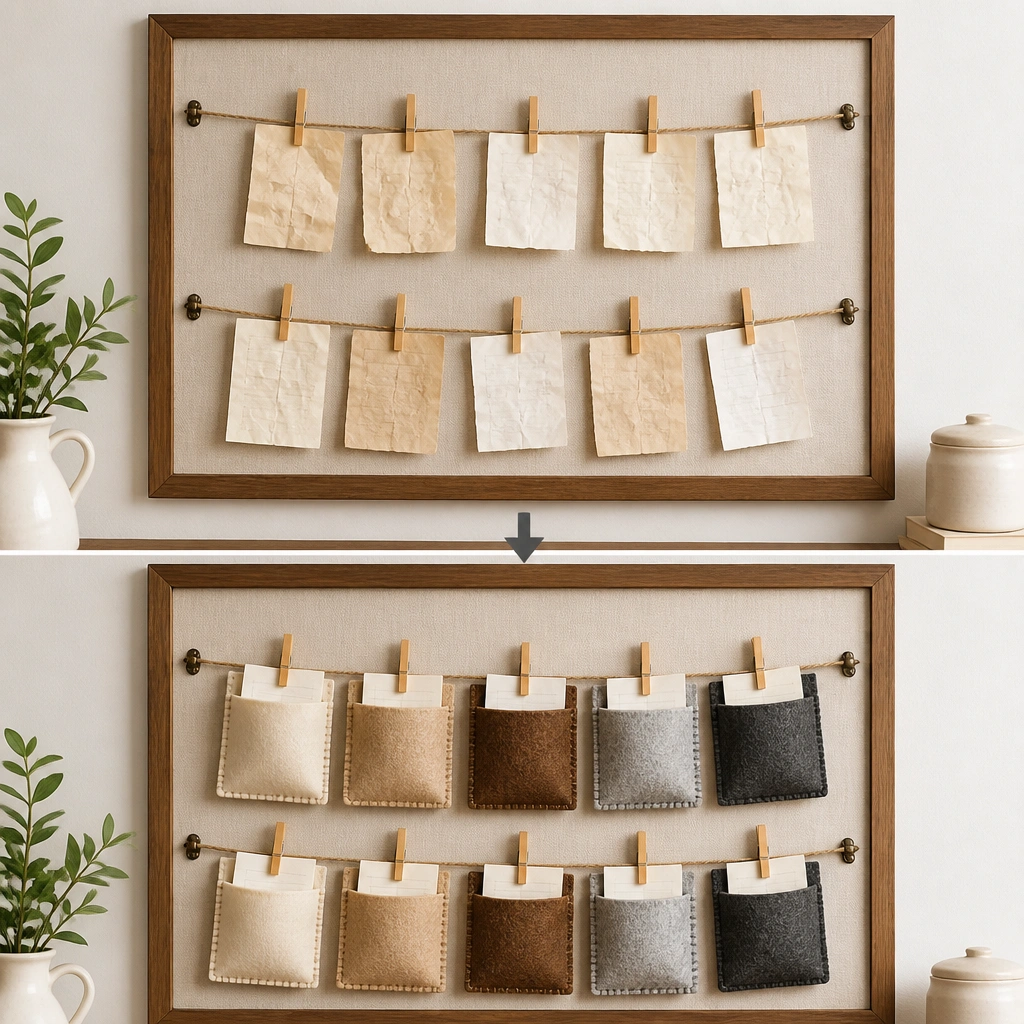 A wall board with two horizontal ropes tied to small hooks. Before shows clothespins holding wrinkled notes. After shows felt pockets stitched on the rope line, with clothespins clipping folded prayer slips into each pocket.