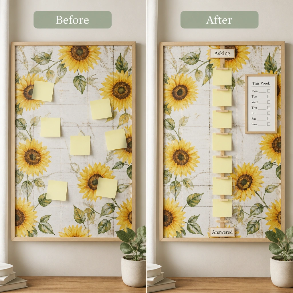 A bright prayer board with a sunflower print background. Before shows only scattered sticky notes. After shows a vertical ribbon line with small clothespins labeled “Asking” at the top and “Answered” at the bottom, plus a small weekly checklist.