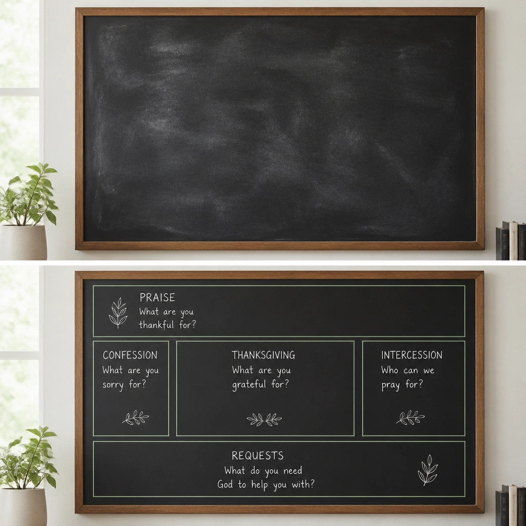 A board covered in chalkboard contact paper. Before shows erased scribbles and dark smudges. After shows clean sections outlined with thin painter’s tape and neatly written prayer prompts in white chalk.