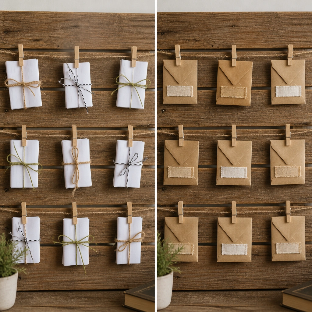 A rustic wood slat backing with three rows of mini paper envelopes attached by twine. Before shows prayers folded and tied with different strings. After shows matching envelopes labeled with handwriting and each envelope has a cloth label tab.