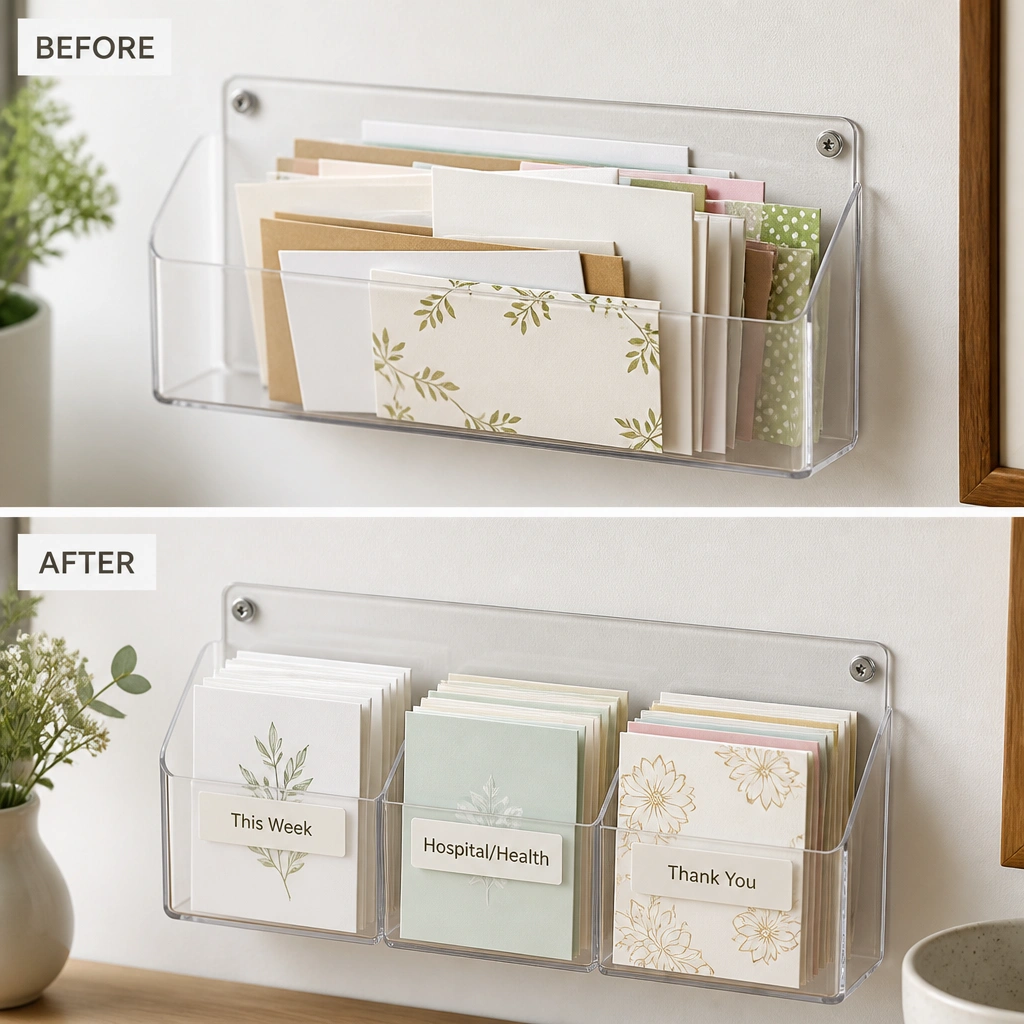 A shallow clear organizer mounted to the wall with labeled compartments. Before shows loose notes stacked in one bin. After shows separate compartments for “This Week,” “Hospital/Health,” and “Thank You,” each with neatly folded cards.