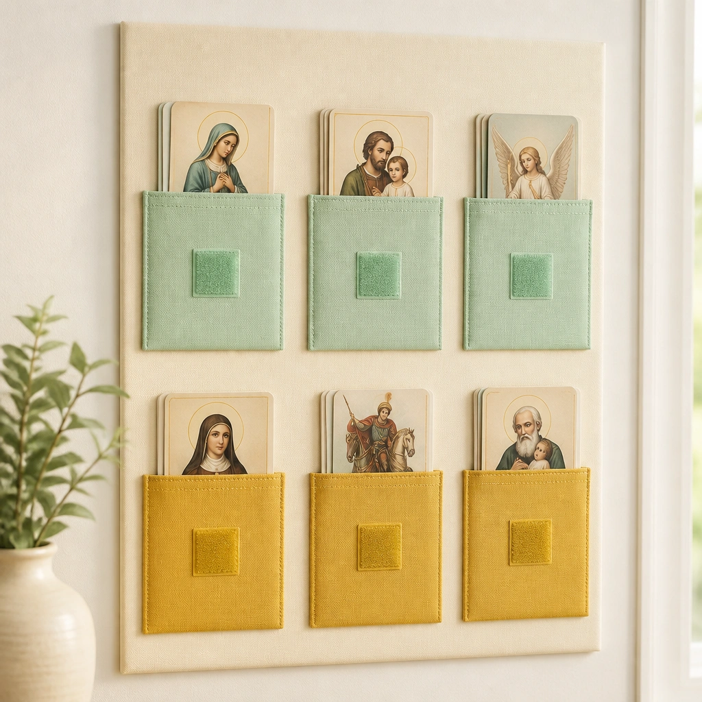A bright foam board painted cream, with rectangular fabric pockets in mint and mustard. Each pocket has a matching Velcro square, and prayer cards sit neatly inside.