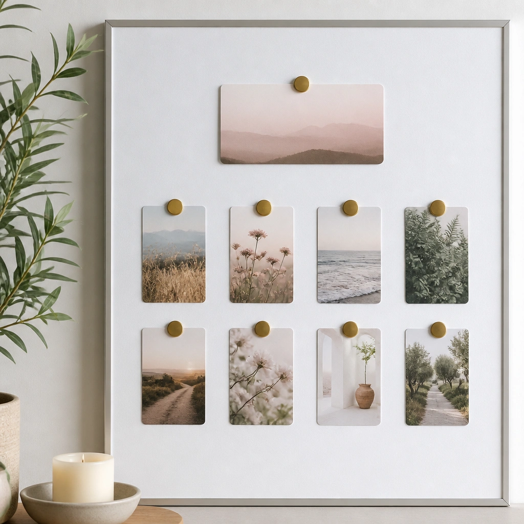 A whiteboard-style backing covered with a thin magnetic sheet. Small prayer cards are placed in a grid with rounded magnets, and one larger magnet holds a weekly theme label.