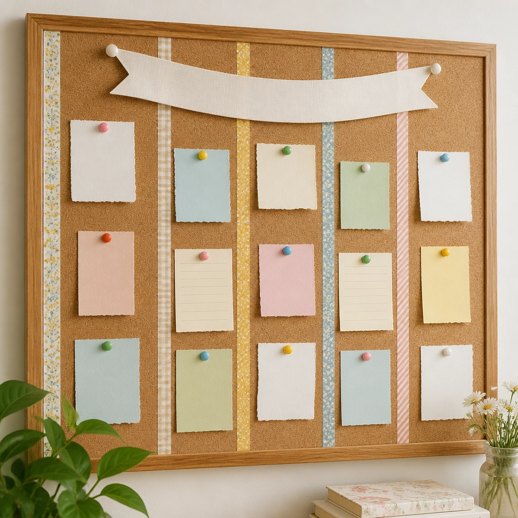 A corkboard covered with thin columns of washi tape, creating labeled sections. Pinned prayer notes use colorful push pins, and a small ribbon banner reads “Today’s Prayers.”