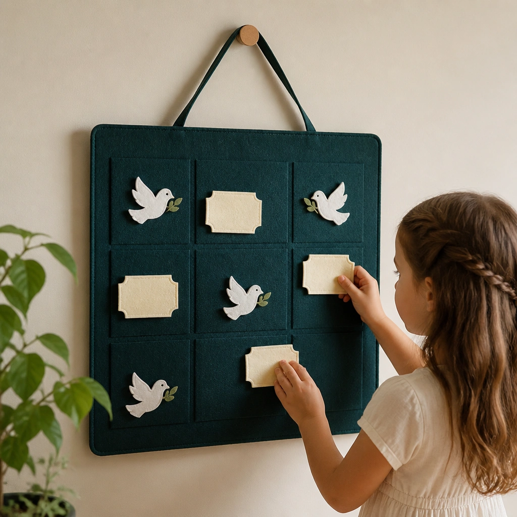 A dark teal felt board with a grid of stitched squares. Small felt dove icons and scripture card shapes attach with Velcro, and a child-height hanging loop is visible.