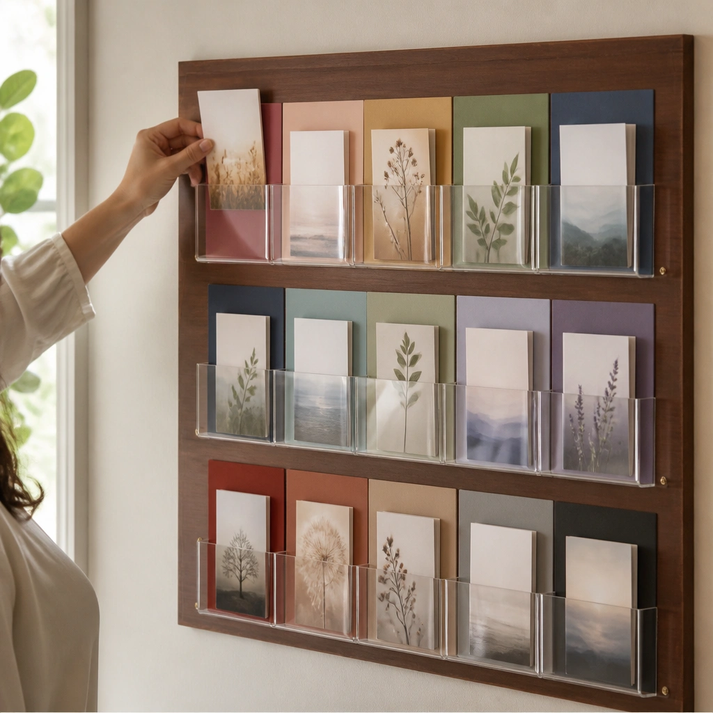 A wall-mounted board with clear acrylic pockets arranged in rows. Behind the pockets are colored paper backgrounds, and prayer cards slide in and out smoothly.