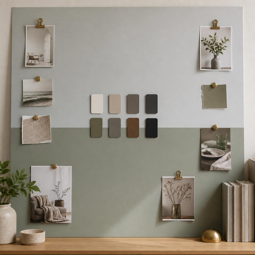 A two-tone board: light gray top half and sage bottom half. Magnetic labels sit in the center, and cards are pinned or clipped along the edges.