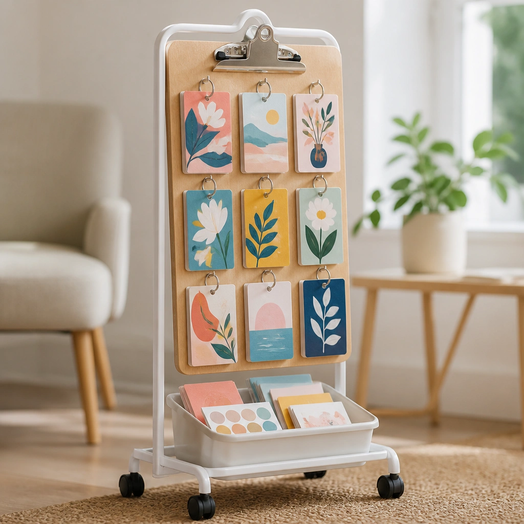 A clipboard-style board on a small rolling stand. Bright prayer cards are held by clip rings, and a small bin at the bottom holds extra cards and stickers.