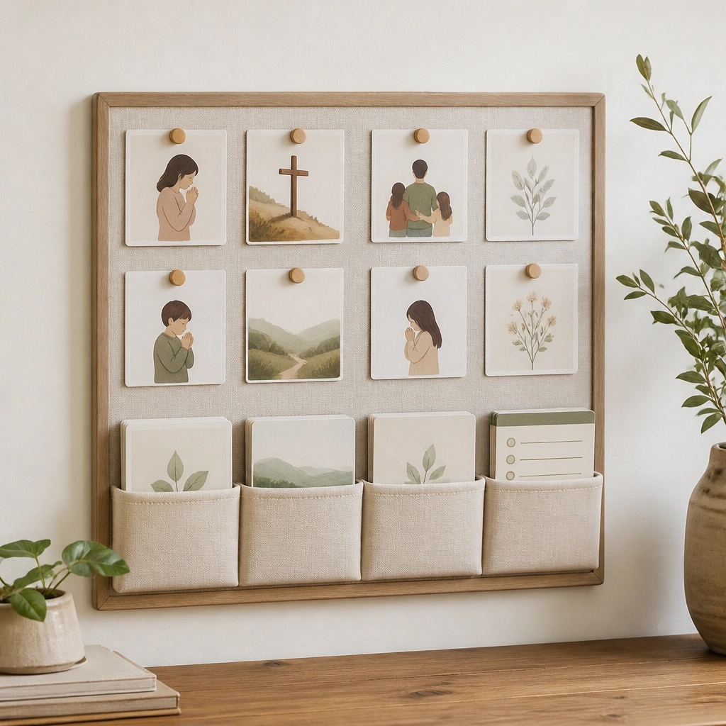 A store-style prayer board with an added row of fabric Velcro pockets. The original layout remains, but the new pockets hold thicker cards and a weekly checklist.