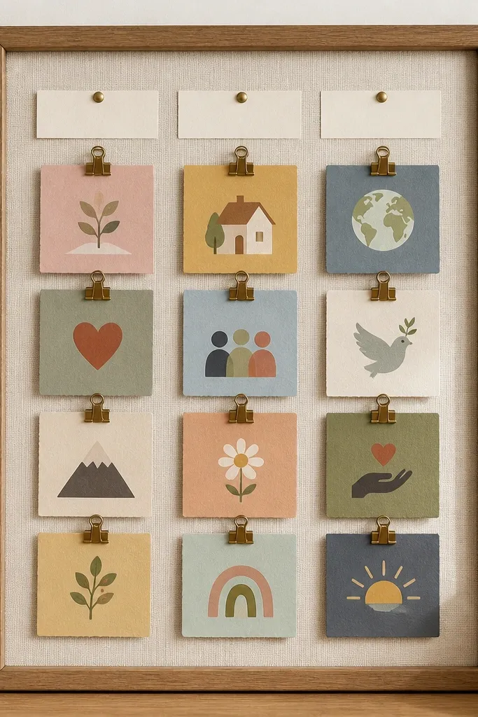 A 12x16 wooden frame with a sheet of linen pinned behind glass-free cover. Three columns are labeled “Me,” “Family,” and “World.” Colorful mini cards are clipped in place with binder clips, each card showing a different prayer focus.