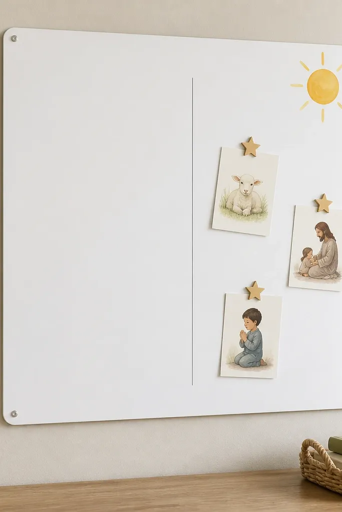 A smooth white metal board mounted to the wall. In the top right is a small painted sun. Under it, magnets shaped like stars hold mini prayer cards. A thin marker line divides the board into “Morning” and “Night.”